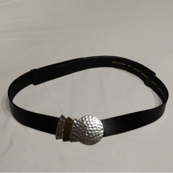 Chicos Black Leather Adjustable Belt w/ Geometric Silvertone Metal Buckle - Picture 2 of 11